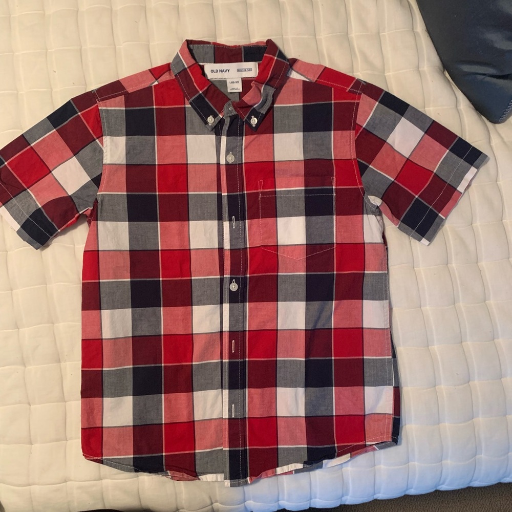 Old Navy boys sz L (10/12) red white blue plaid short-sleeve button down